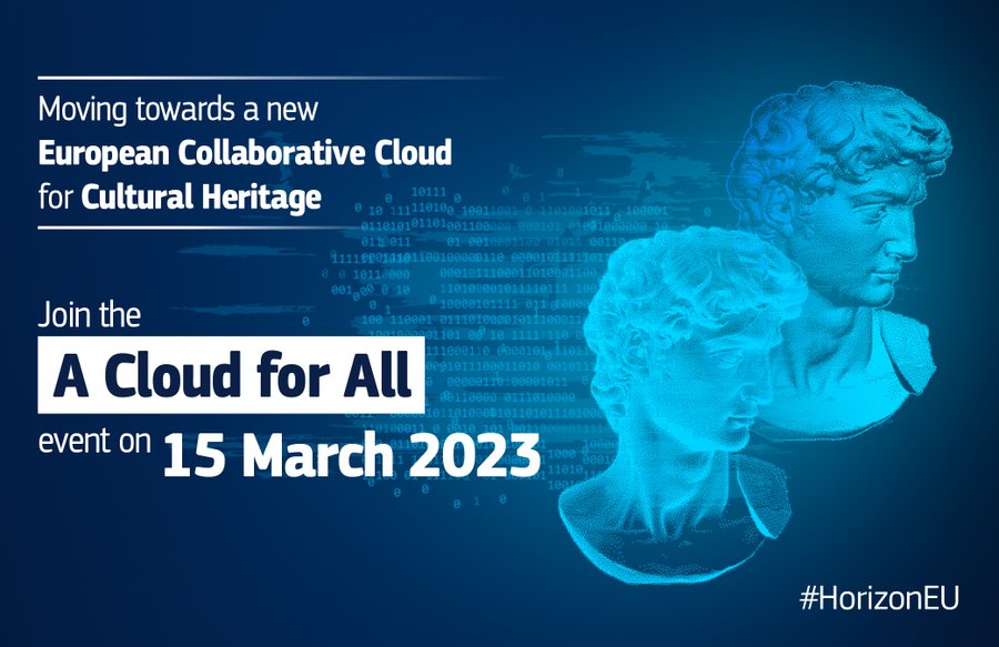  This graphic announces event "A Cloud for All" in March 2023 in white writing against a blue background. On the right of the image are two transparent images of antique busts. Behind are rows of numbers.