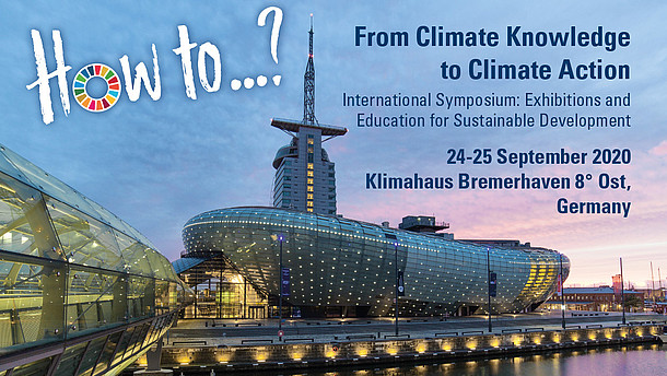  The images announces the International Symposium: Exhibitions and Education for sustainable development. The background shows a modern building which is illuminated by spotlights set before an evening sky.