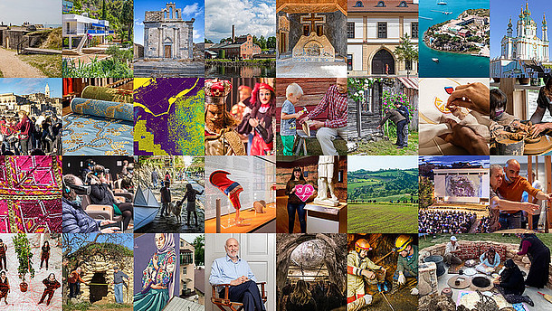  Collage consisting of various pictures of cultural heritage sites and cultural objects. Some of them include people.
