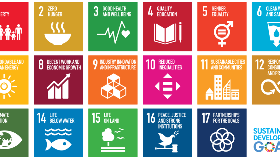  Diagram illustrating 17 sustainable development goals. Each keyword is represented by a simple illustration in a colourful square.