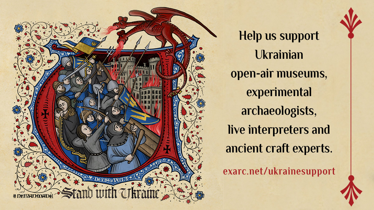  This image shows an illustration of soldiers fighting against a dragon in the style of a medieval manuscript. The text on the right calls for support for Ukraine.