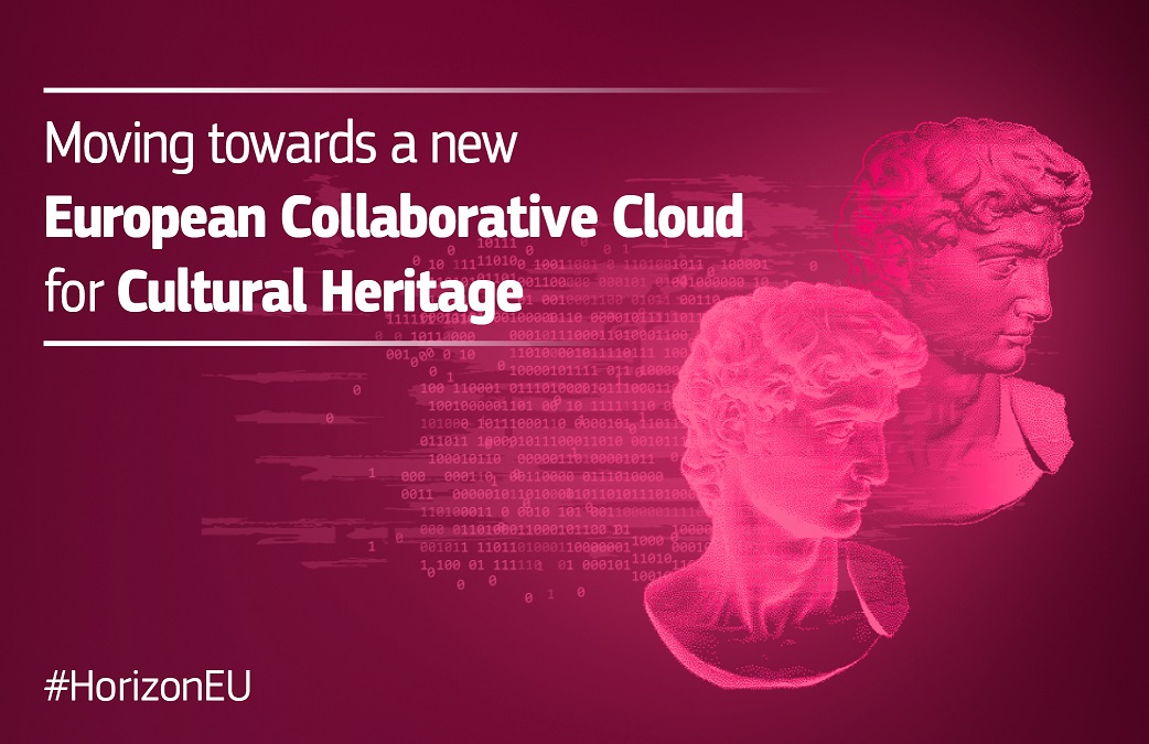  This graphic includes two transparent images of an antique bust on the right against a pink background. Behind are rows of numbers. The text on the left reads: "Moving towards a new European Collaborative Cloud for Cultural Heritage."