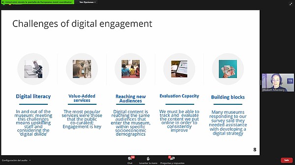 Screenshot of an online presentation. On the left is a presentation slide addressing challenges of digital engagement. On the right is a video of the speaker.
