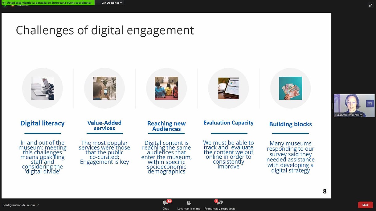  Screenshot of an online presentation. On the left is a presentation slide addressing challenges of digital engagement. On the right is a video of the speaker.