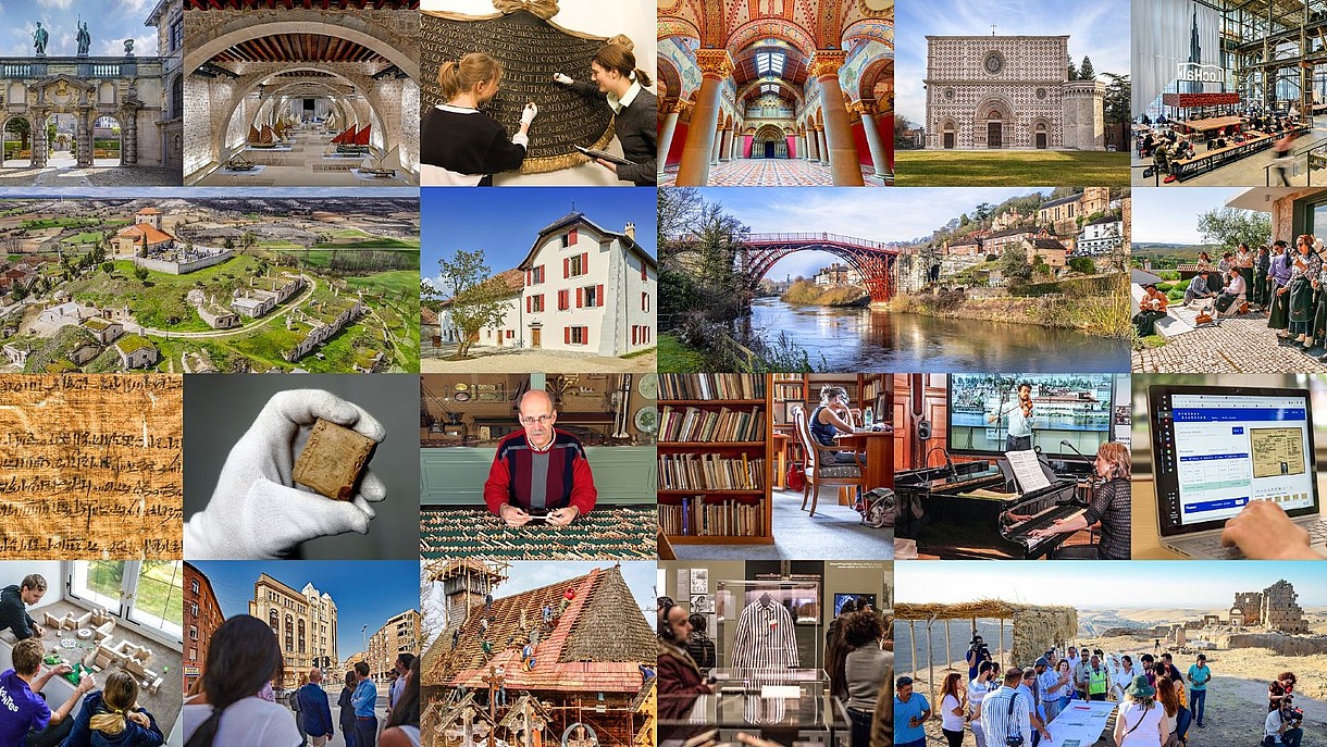  Collage of multiple images, depicting cultural heritage sites or cultural objects. Some of them also include people.