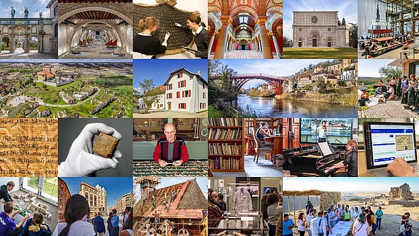  Collage of multiple images, depicting cultural heritage sites or cultural objects. Some of them also include people.