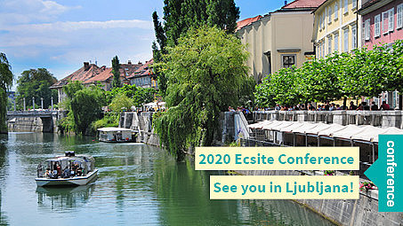  A river flows next to a row of houses. There is a boat on the middle. The lettering in the right corner annouces the Ecsite Conference in Ljubljana.