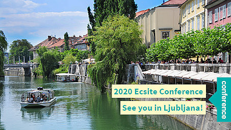 A river flows next to a row of houses. There is a boat on the middle. The lettering in the right corner annouces the Ecsite Conference in Ljubljana.