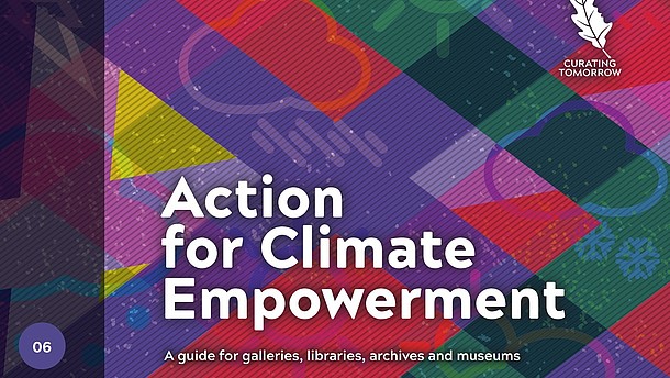  This image is the front page of the Action for Climate Empowerment Guide. The white lettering is set against a mainly purple, green and red, checked background. 