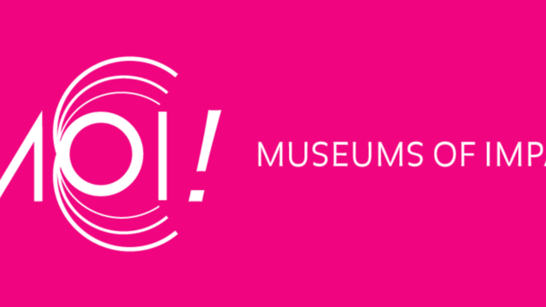  This is the logo of Moi (Museums of Impact). The background is bright pink, while the writing is in white.