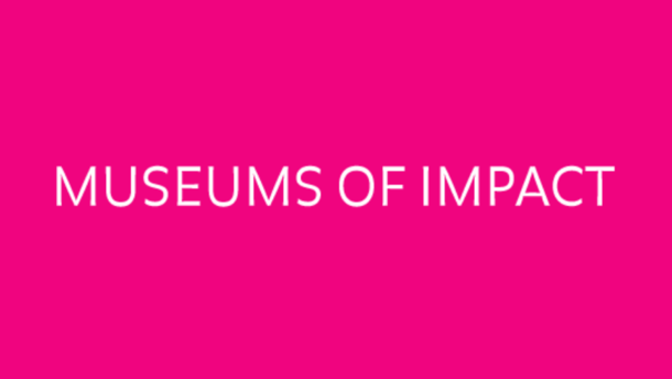 This is the logo of Moi (Museums of Impact). The background is bright pink, while the writing is in white.