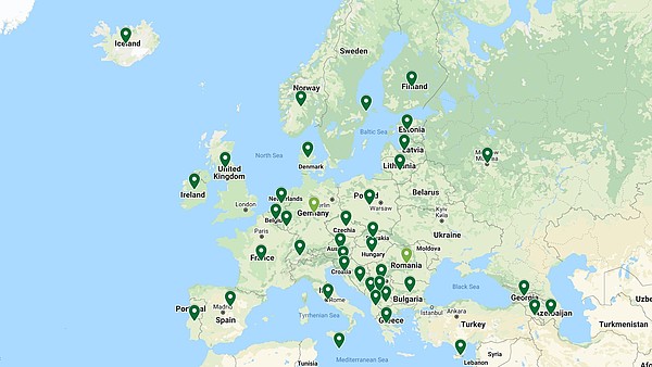 This images shows a map of Europe. The green dots represent the NEMO member states and indicate that the museums in these countries have all reopened.