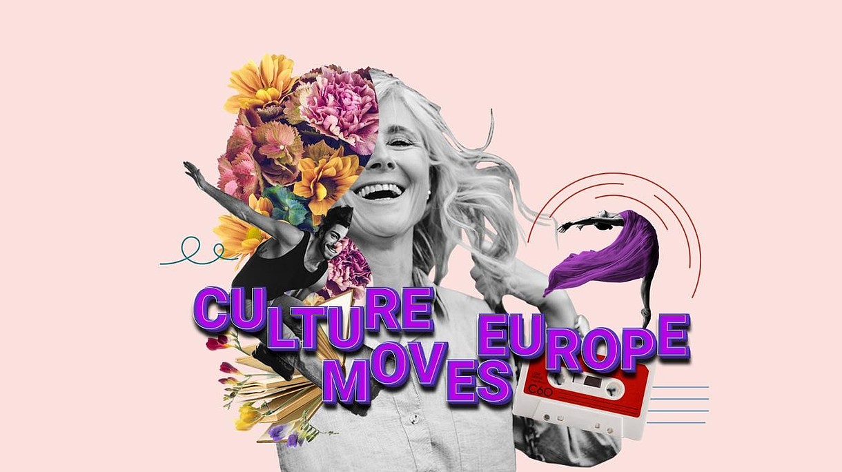  This collage consists of a black and white photograph of a blonde haired woman. Next to and layered over her image are pictures of flowers, two dancers, a cassette, and a book with flowers in between the pages. The text reads: "Culture moves Europe".