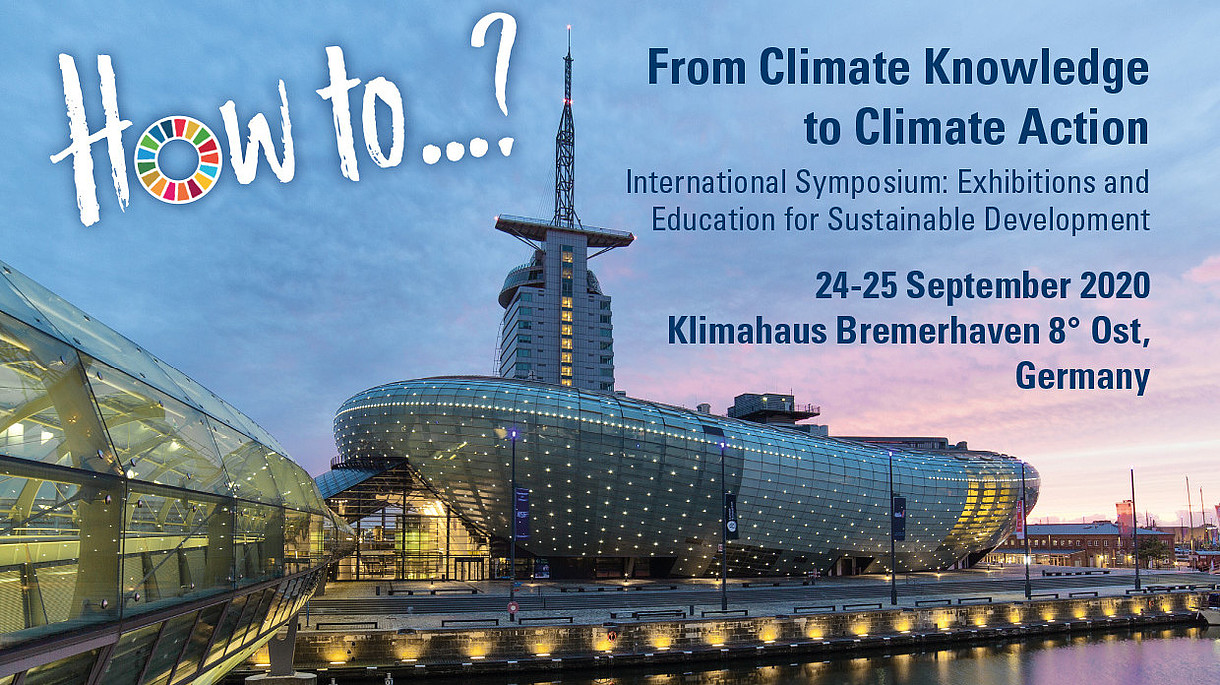  The images announces the International Symposium: Exhibitions and Education for sustainable development. The background shows a modern building which is illuminated by spotlights set before an evening sky.