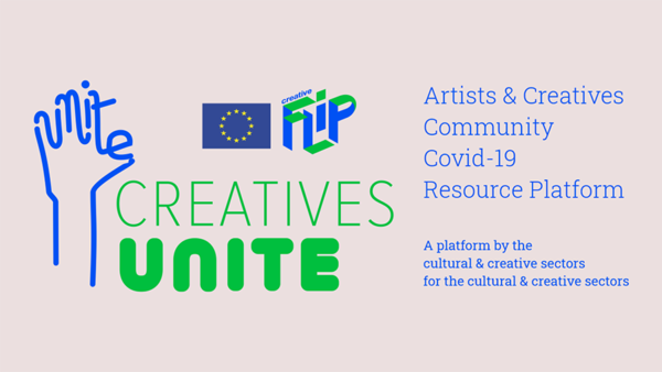 Logo for the platform Creatives Unite in blue and green.