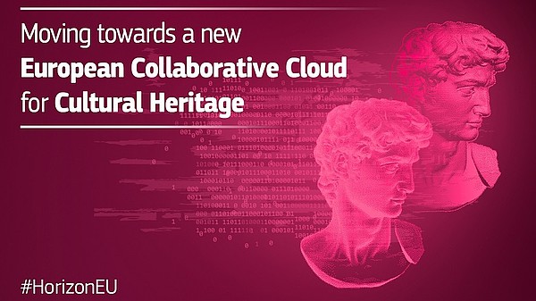 This graphic includes two transparent images of an antique bust on the right against a pink background. Behind are rows of numbers. The text on the left reads: "Moving towards a new European Collaborative Cloud for Cultural Heritage."