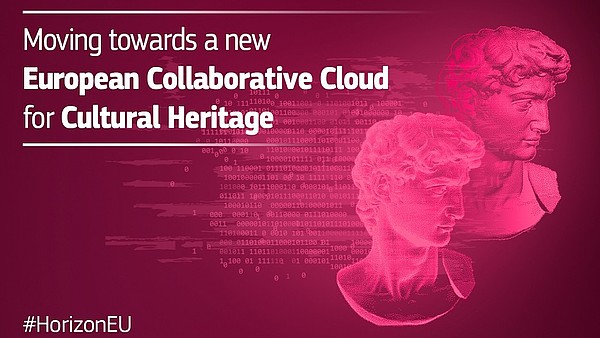 This graphic includes two transparent images of an antique bust on the right against a pink background. Behind are rows of numbers. The text on the left reads: "Moving towards a new European Collaborative Cloud for Cultural Heritage."