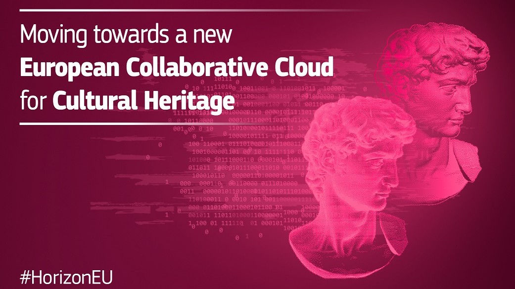  This graphic includes two transparent images of an antique bust on the right against a pink background. Behind are rows of numbers. The text on the left reads: "Moving towards a new European Collaborative Cloud for Cultural Heritage."