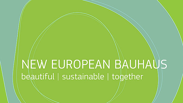 This is a green graphic with an abstract circular shape. The white text announces the New European Bauhaus Prizes 2022.
