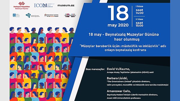This illustration announces a conference hosted by ICOM Azerbaijan. The left sides shows an illustration of people in colourful shirts looking at each other. The other side is filled with textual information about the conference.