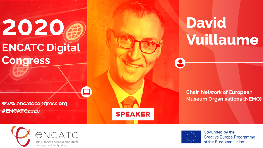  This graphic announces the ENCACT Conference 2020. It is red with white lettering. In the middle is a picture of a smiling man with glasses.