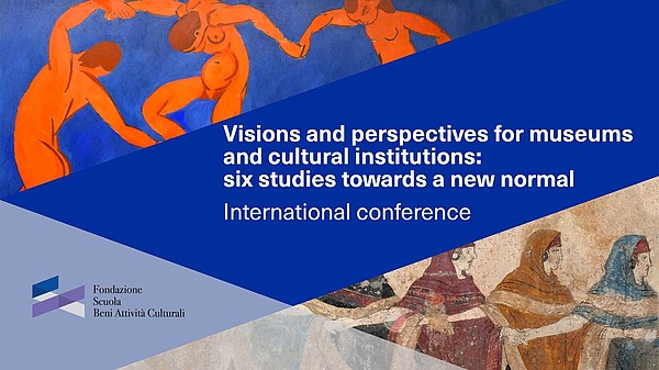 The graphic is divided into two triangles. The upper left triangle is a painting of people holding hands and dancing against a blue background. The image on the lower right is a historic fresco of women holding hands and looking into the same direction. Between the two images a conference is announced.