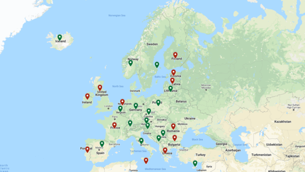  This is a map of Europe. Various pins in green and red are indicating NEMO member states.