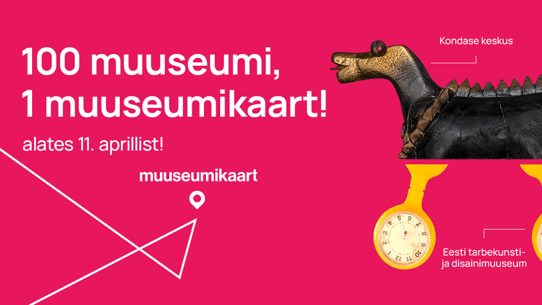  Banner with text about the Estonian Museum Card in Estonian on a pink background.