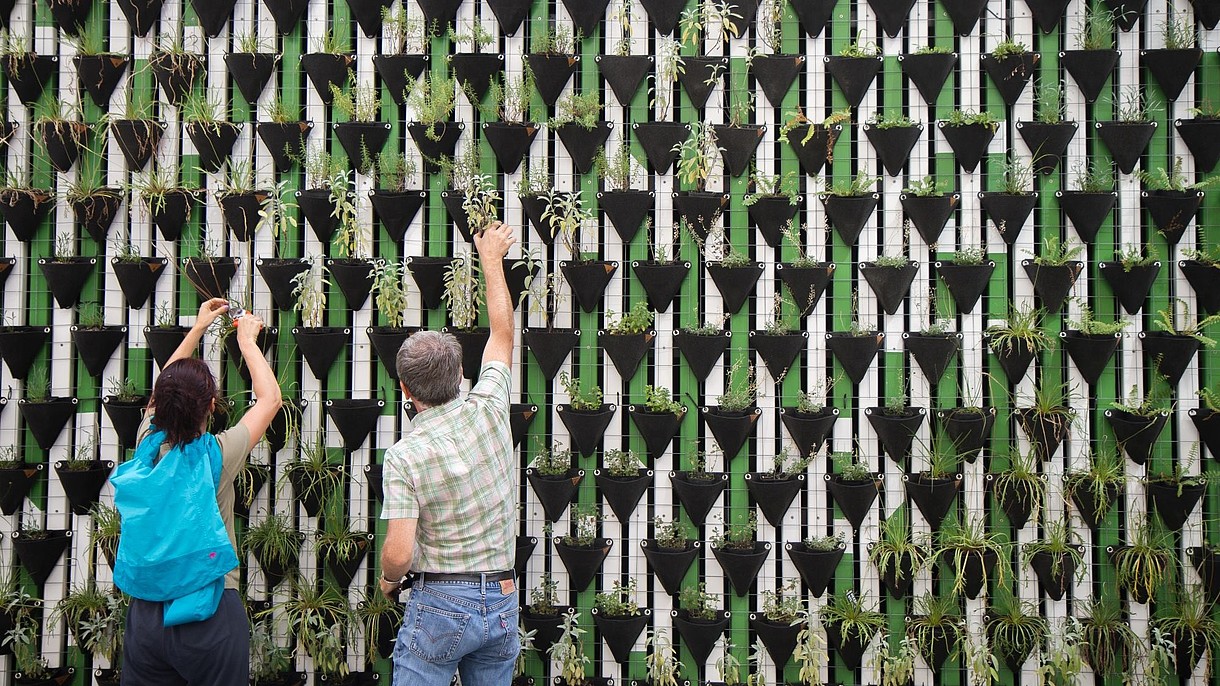 © Image: Daniel Funes Fuentes Two people are shown from the back while putting plants into triangle-shaped pots. Numerous pots are attached to a green and white wall, creating a geometric pattern.