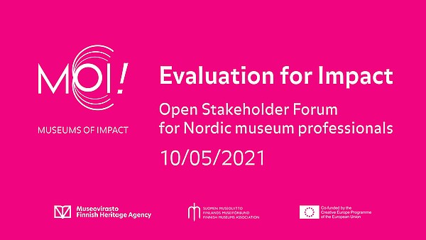 Against a pink background the writing announces an event "Evaluations of Impact", hosted by MOI.