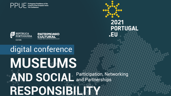 This images announces the digital conference Museums and Social Responsibility. Various logos of supporting and hosting organisations are included. The background is dark blue and shows pictogramms of people as well as a map of Europe.
