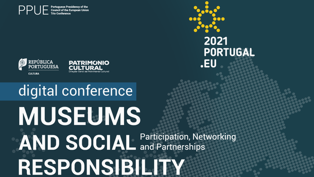  This images announces the digital conference Museums and Social Responsibility. Various logos of supporting and hosting organisations are included. The background is dark blue and shows pictogramms of people as well as a map of Europe.