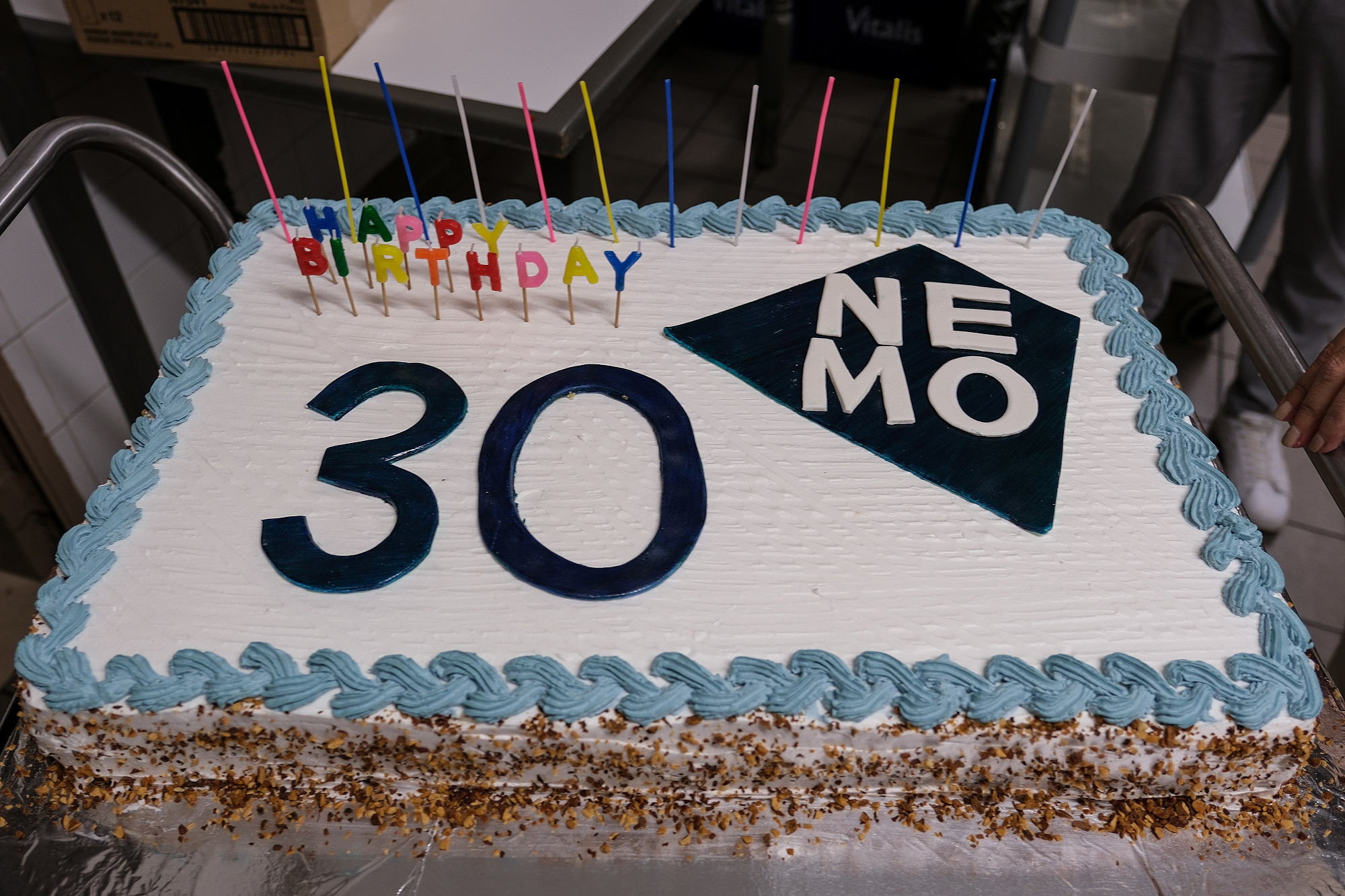 A birthday cake with blue and white icing and birthday candles. On the cake the words "NEMO" and "30" are written.  © Image: Jorge Gomes