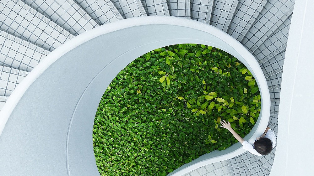 A white spiral staircase photographed from above. A person is standing on the stairs and touching the green plants in the middle.  © Image: Danist Soh
