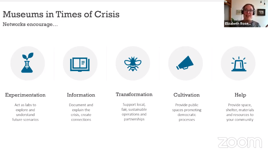  This is a screenshot of a digital presentation. The presentation slide is about Museums in Times of Crisis. In the upper right corner there is the speaker with their headphones on.