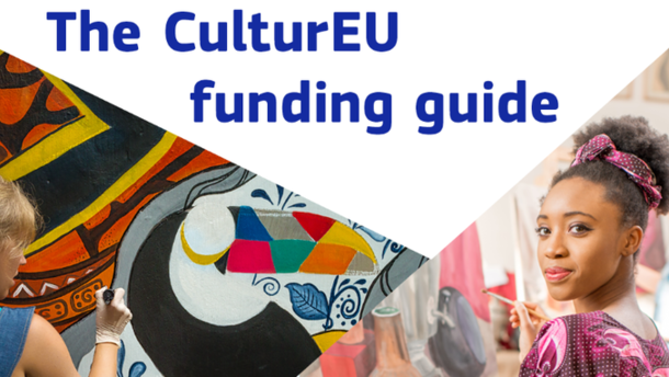  The image is organised in 4 triangles. On the left is an image of a child with their back to the camera, painting on a wall. On the right is an image of a person painting on a canvas and looking towards the camera. The triangle on the top reads "The CulturEU funding guide" while the one on the bottom is purple and includes the logo of the European Commission.