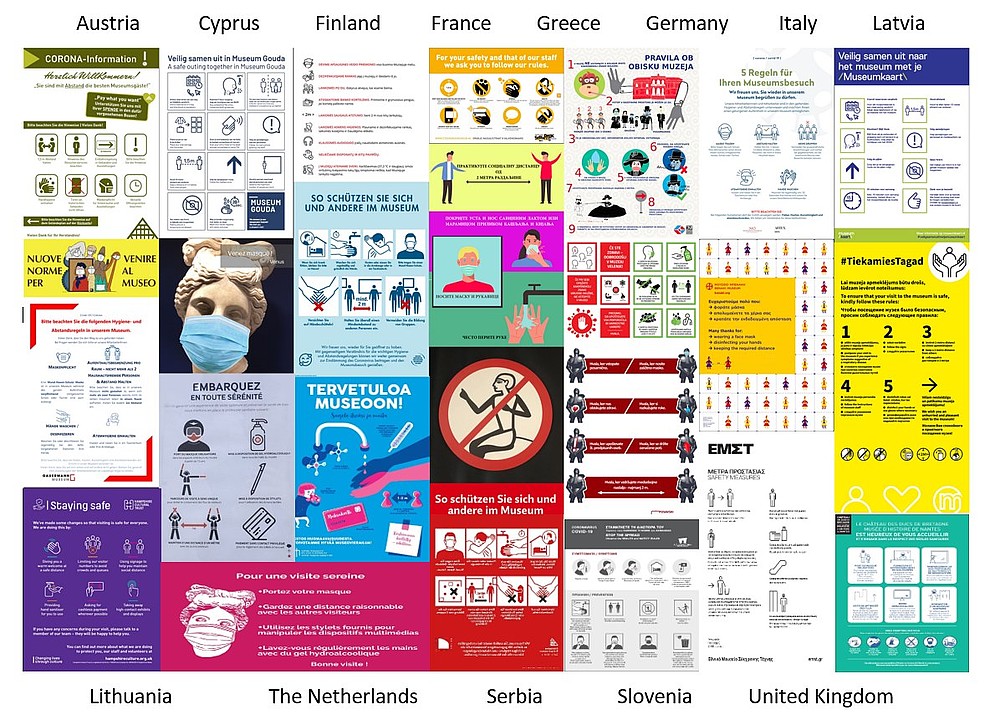 This is a collage of multiple posters from all over Europe. They address safety regulations concerning Covid 19.  