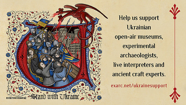  This image shows an illustration of soldiers fighting against a dragon in the style of a medieval manuscript. The text on the right calls for support for Ukraine.