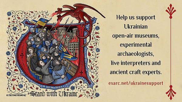 This image shows an illustration of soldiers fighting against a dragon in the style of a medieval manuscript. The text on the right calls for support for Ukraine.