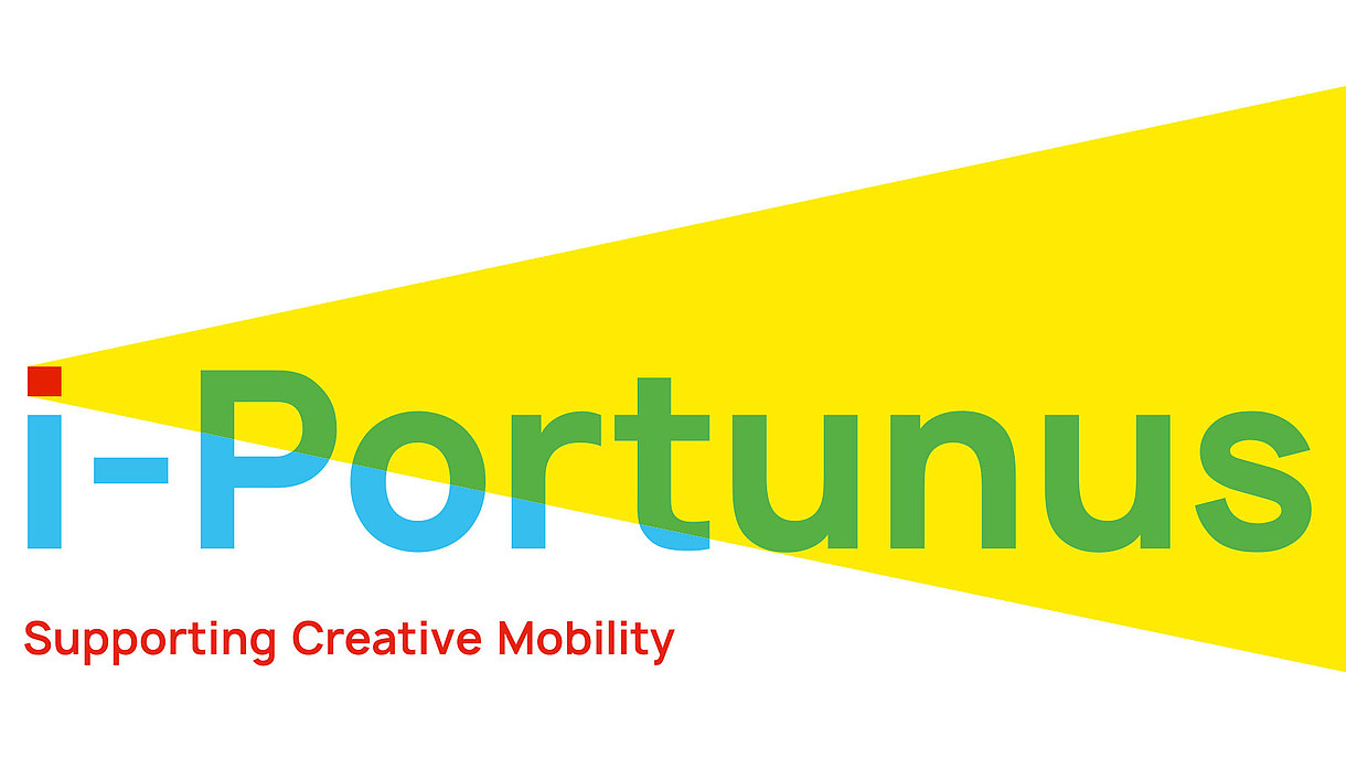  This is the logo for i-Portunus. The writing is in blue set against a white background. From the "i" a yellow triangle is appearing turning part of the writing green.