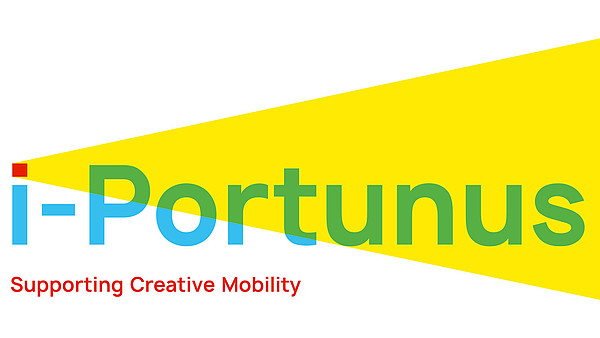 This is the logo for i-Portunus. The writing is in blue set against a white background. From the "i" a yellow triangle is appearing turning part of the writing green.