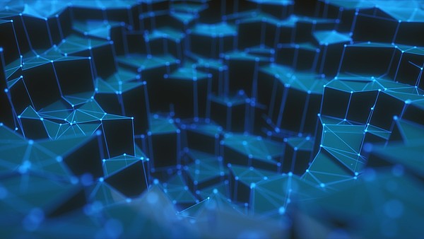 A blue 3D installation forming a network.