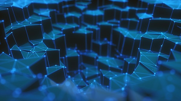 A blue 3D installation forming a network.