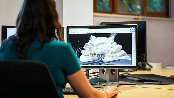A person is shown from behind working on a computer.
