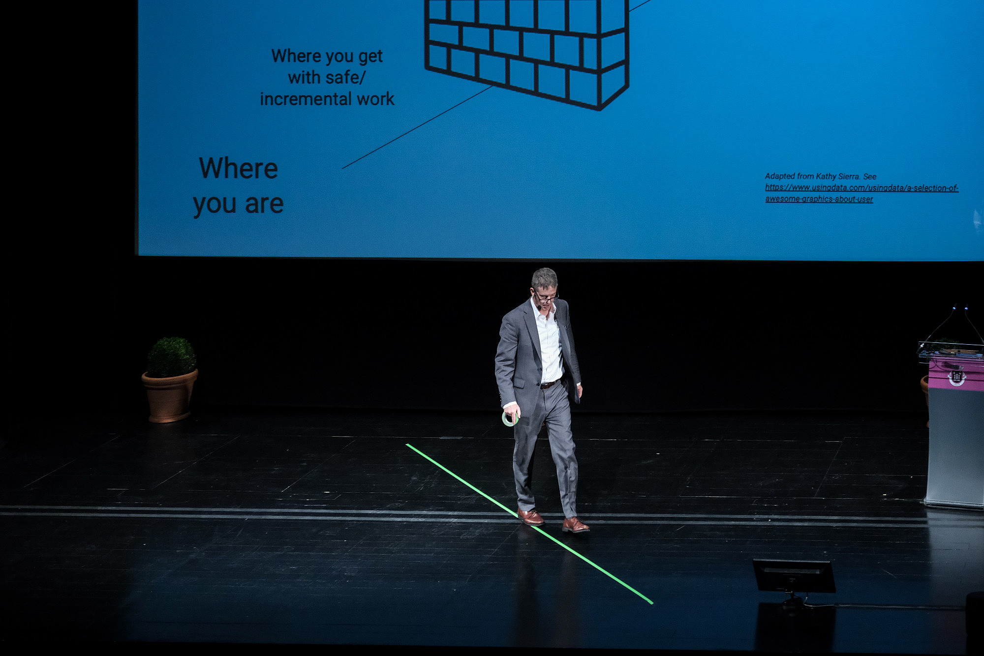 A person wearing a headset is standing on a stage and talking. The person holds green duct tape in their hand. On the floor is already a green line made from duct tape. In the background presentation slides are projected to a screen.  © Image: Jorge Gomes