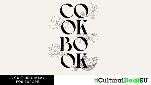 This graphic announces the Cookbook in a serif font. It is decorated with minimalistic drawings of vegetables.