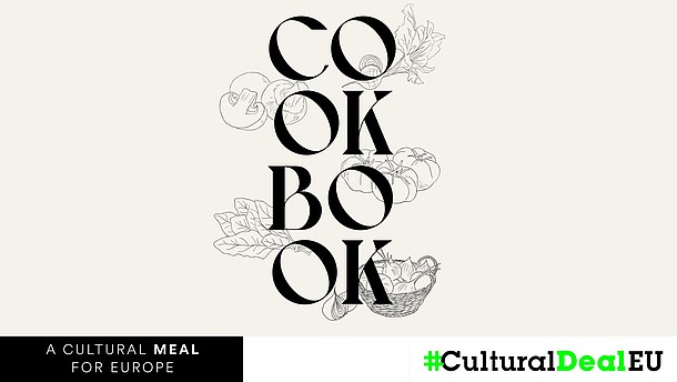  This graphic announces the Cookbook in a serif font. It is decorated with minimalistic drawings of vegetables.