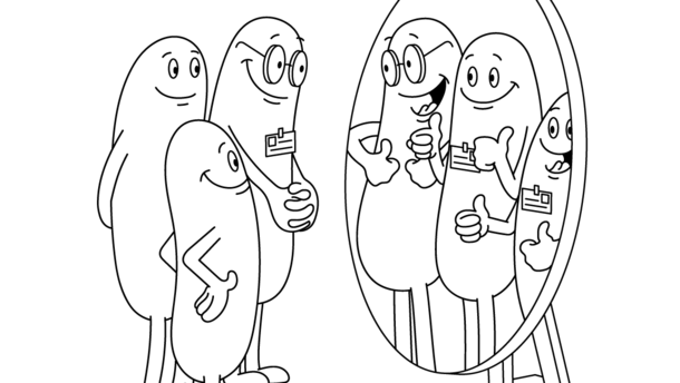  This cartoon shows three bean-shaped characters in black and white. They are smiling and looking towards their reflection in a standing mirror. In the reflection they are showing a thumbs-up.