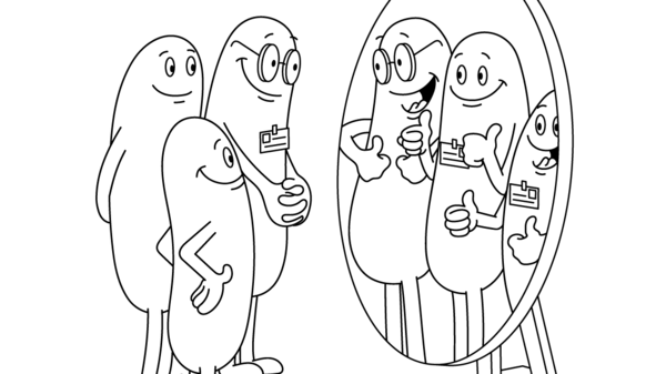 This cartoon shows three bean-shaped characters in black and white. They are smiling and looking towards their reflection in a standing mirror. In the reflection they are showing a thumbs-up.