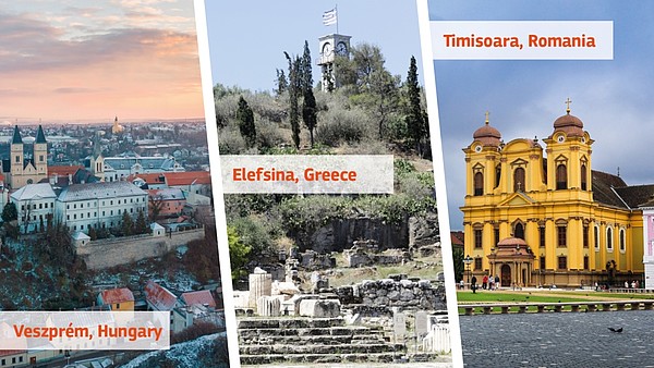 This image combines photographs of three cities next to each other. On the left is Veszprém, Hungary. In the middle is Elefsina, Greece and on the right a photograph of Timisoara, Romania.